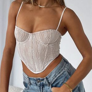 2024 Y2K Striped Lace Corset Tank Top - Sexy V-Neck Sleeveless Mesh Bustier Crop Top