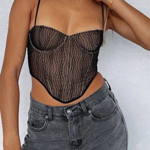 2024 Y2K Striped Lace Corset Tank Top - Sexy V-Neck Sleeveless Mesh Bustier Crop Top