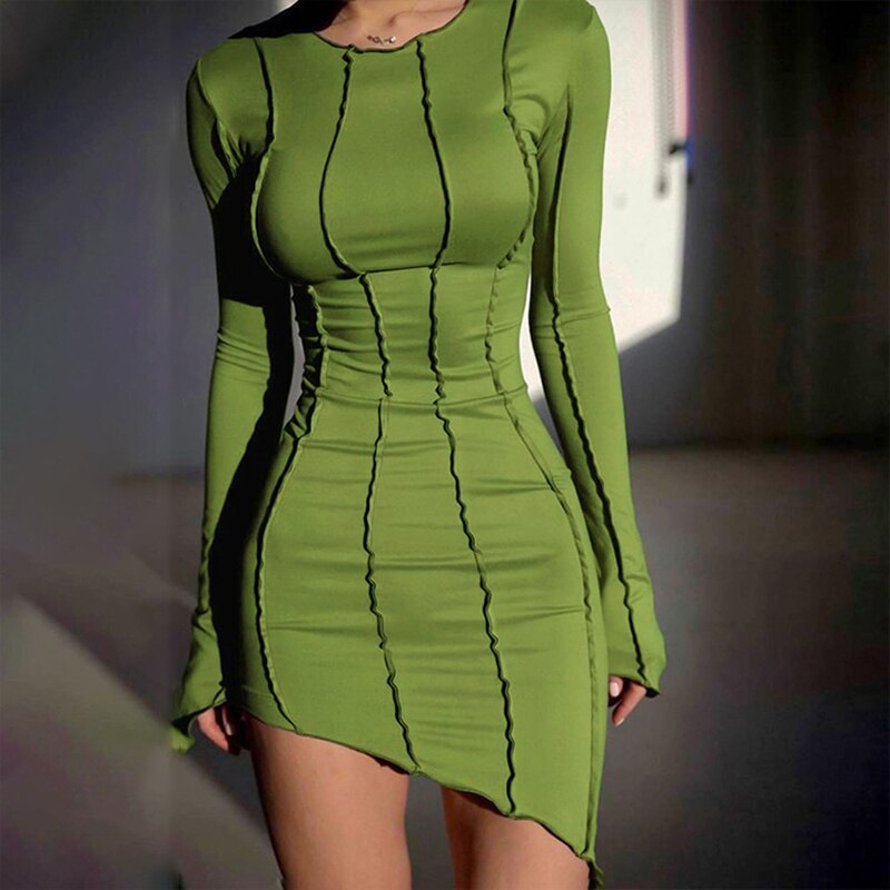 2024 Y2K Striped Mini Bodycon Dress with Irregular Hem & Long Sleeves for Fall Parties