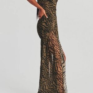 2024 Y2K Tube Slim Strapless Off Shoulder Mesh Patchwork Leopard Floral Dress