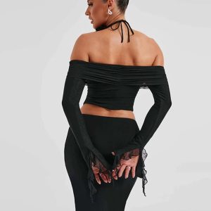 3D Flower Off Shoulder Crop Top with Long Trumpet Sleeves & Tassel Maxi Skirt Set for Fall