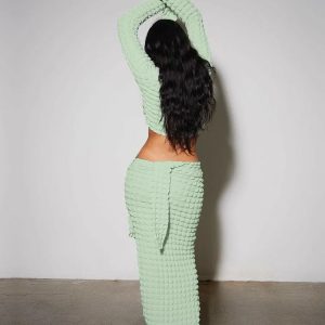 3D Half Turtleneck Crop Top & Maxi Skirt Set - Y2K Aesthetic Clubwear for Autumn/Winter