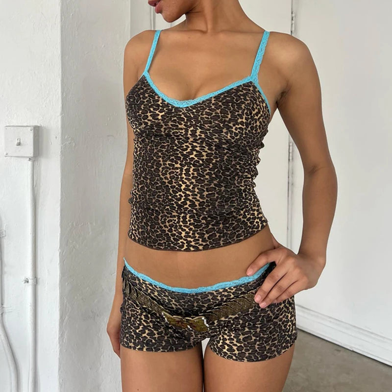 90s Rave Leopard Print Y2K Vintage Crop Top & Lace Trim Shorts Set for Sexy Club Outfits