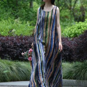 A-Line Striped Cotton Linen Maxi Dress for Women - Sleeveless Loose O-Neck Spring/Summer Style