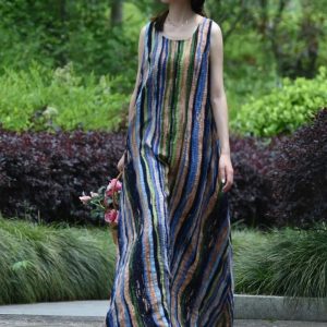 A-Line Striped Cotton Linen Maxi Dress for Women - Sleeveless Loose O-Neck Spring/Summer Style