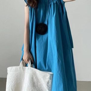 Aesthetic Drawstring Flying Sleeves A-Line Blue Dress for Y2K Fashion Lovers