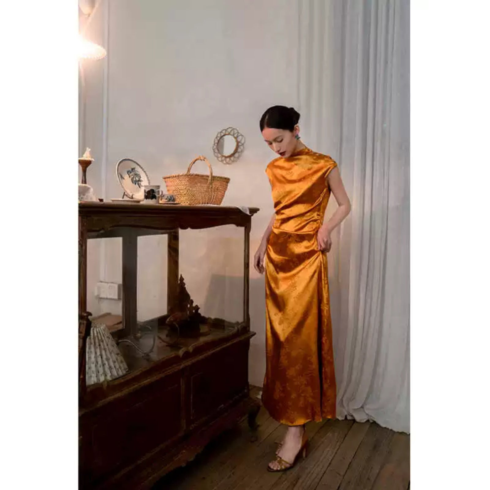 Amber High Collar Jacquard Satin Cheongsam Dress - Elegant Y2K Aesthetic Slim Fit Fashion