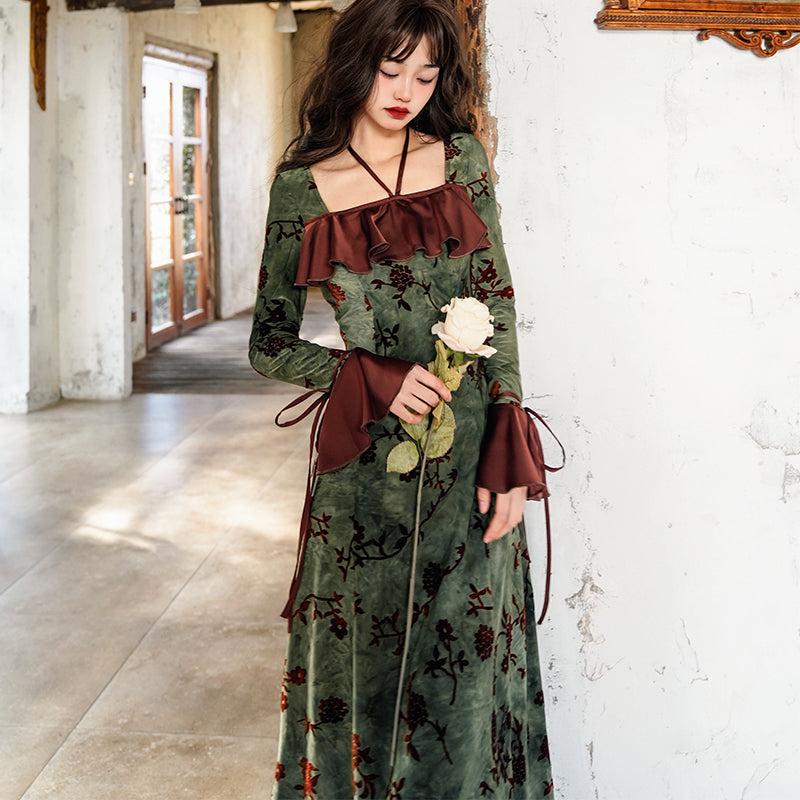 Amber Pine Forest Pattern Y2K Aesthetic Velvet Dress for Cozy Fall Outfits