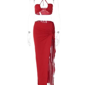 Applique Sexy Y2K Outfit: Sleeveless Backless Halter Crop Top & Side Slit Bodycon Maxi Skirt Set