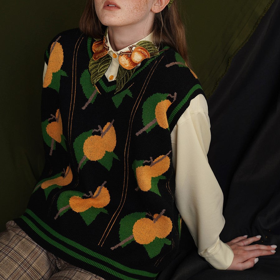 Apricot Fruit Pattern Knit Vest - Y2K Aesthetic Cute Top for Cozy Layering