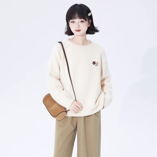 Apricot Loose Round Neck Long Sleeve Knit Sweater - Y2K Aesthetic Cozy Top for Fall