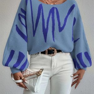 Art Printed Off Shoulder Batwing Sleeve Oversized Sweater - Comfy Knit Pullover for Spring