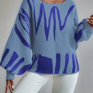 Art Printed Off Shoulder Batwing Sleeve Oversized Sweater - Comfy Knit Pullover for Spring