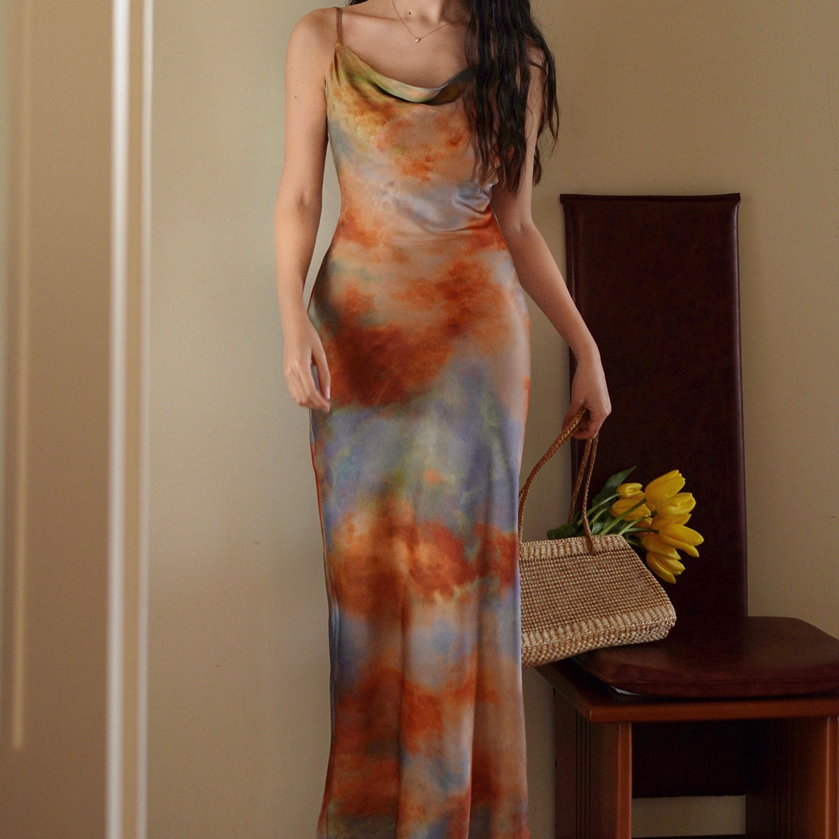 Art Sunrise Strap Dress - Y2K Aesthetic Floral Maxi Dress for Boho and Coquette Styles