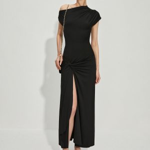 Asymmetric Collar Front Slit Y2K Dress for Coquette Aesthetic and Grunge Style