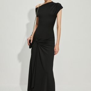 Asymmetric Collar Front Slit Y2K Dress for Coquette Aesthetic and Grunge Style