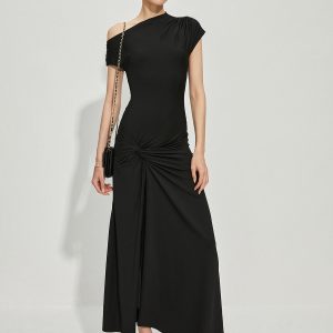 Asymmetric Collar Front Slit Y2K Dress for Coquette Aesthetic and Grunge Style