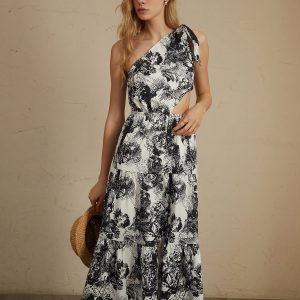 Asymmetric Cutout Floral Print Midi Dress - Y2K Aesthetic Dress for Trendy Outfits