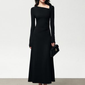 Asymmetric Ribbed Knit Long Sleeve Bodycon Dress - Y2K Fashion Essential for Aesthetic Outfits