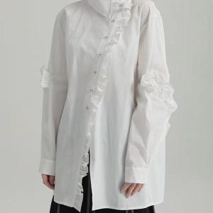 Asymmetric Ruffle Long Sleeve Top - Y2K Fashion Cute Aesthetic Shirt for Trendy Outfits