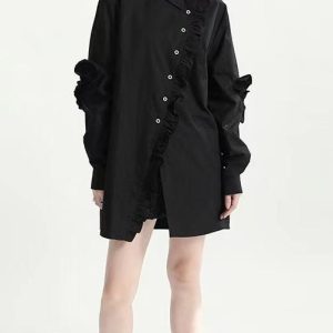 Asymmetric Ruffle Long Sleeve Top - Y2K Fashion Cute Aesthetic Shirt for Trendy Outfits