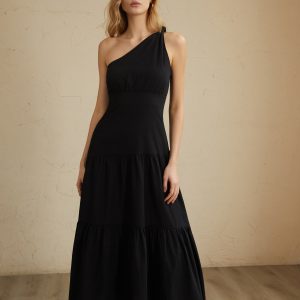 Asymmetric Shoulder Knotted Midi Dress - Y2K Aesthetic Fashion for Trendy Outfits