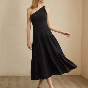 Asymmetric Shoulder Knotted Midi Dress - Y2K Aesthetic Fashion for Trendy Outfits