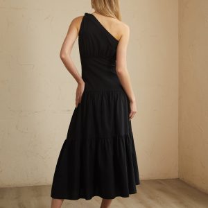 Asymmetric Shoulder Knotted Midi Dress - Y2K Aesthetic Fashion for Trendy Outfits