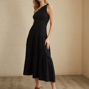 Asymmetric Shoulder Knotted Midi Dress - Y2K Aesthetic Fashion for Trendy Outfits