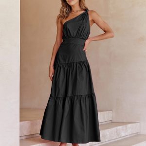 Asymmetric Shoulder Knotted Midi Dress - Y2K Aesthetic Fashion for Trendy Outfits