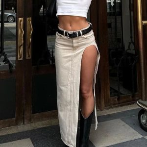 Asymmetric Slit Denim Maxi Skirt for Women - Y2K Fashion High Waist Casual Loose Skirt