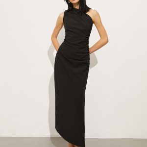 Asymmetrical Collar Pleated Long Dress in Y2K Aesthetic for Chic and Stylish Looks