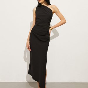 Asymmetrical Collar Pleated Long Dress in Y2K Aesthetic for Chic and Stylish Looks