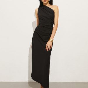 Asymmetrical Collar Pleated Long Dress in Y2K Aesthetic for Chic and Stylish Looks