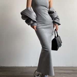 Asymmetrical Crew Neck Split Maxi Dress - Y2K Aesthetic Fashion for Effortless Style