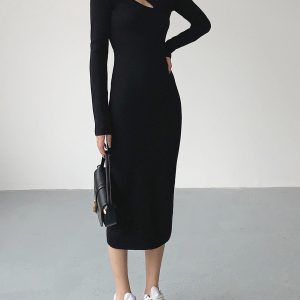 Asymmetrical Cutout Mock Neck Knit Midi Dress in Y2K Aesthetic for Trendy Looks