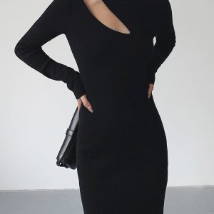 Asymmetrical Cutout Mock Neck Knit Midi Dress in Y2K Aesthetic for Trendy Looks