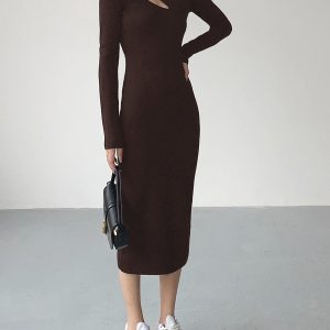 Asymmetrical Cutout Mock Neck Knit Midi Dress in Y2K Aesthetic for Trendy Looks