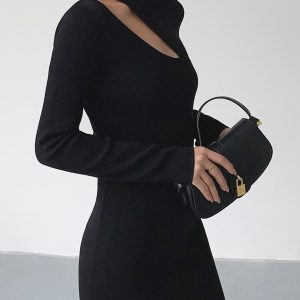 Asymmetrical Cutout Mock Neck Knit Midi Dress in Y2K Aesthetic for Trendy Looks