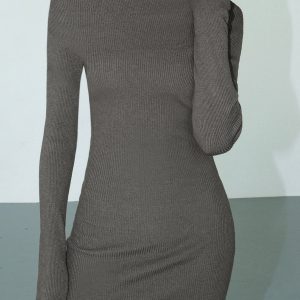 Asymmetrical Neck Long Sleeve Knit Mini Dress - Y2K Fashion Bodycon Style for Trendy Looks