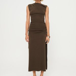 Asymmetrical Neck Split Midi Dress - Y2K Fashion Statement for Chic Aesthetic Outfits