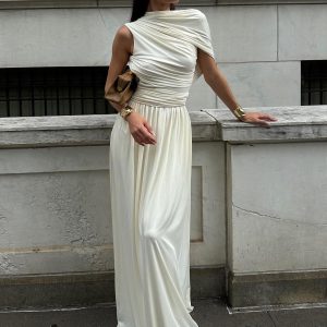 Asymmetrical Pleated Sleeveless Long Dress - Y2K Aesthetic Fashion for Effortless Style