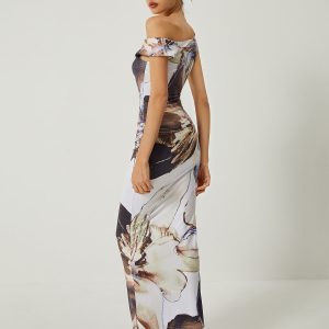 Asymmetrical Printed Off-Shoulder Dress in Y2K Style for Trendy Aesthetic Looks