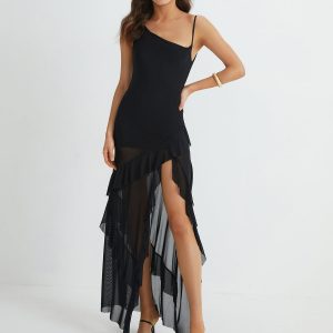 Asymmetrical Ruffle Net Long Dress in Y2K Style for a Chic Coquette Aesthetic Look