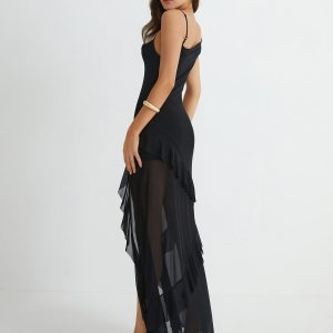 Asymmetrical Ruffle Net Long Dress in Y2K Style for a Chic Coquette Aesthetic Look