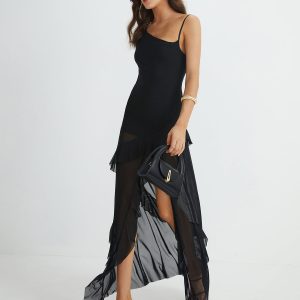 Asymmetrical Ruffle Net Long Dress in Y2K Style for a Chic Coquette Aesthetic Look