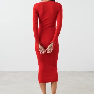 Asymmetrical Shoulder Long Sleeve Sweater Midi Dress with Slit Cuff - Y2K Aesthetic Fashion