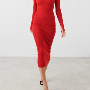 Asymmetrical Shoulder Long Sleeve Sweater Midi Dress with Slit Cuff - Y2K Aesthetic Fashion