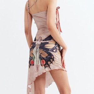 Asymmetrical Tube Dress with Passageway of Butterflies - Y2K Aesthetic Fashion Statement