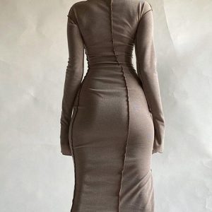 Autumn 2024 Y2K Aesthetic Long Sleeve Hooded Maxi Dress with Vintage Ruffles in Khaki